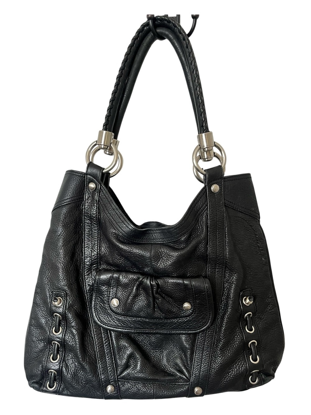 B. Makowsky Black Pebble Leather Hobo Shoulder Bag Braided Handle Silver Hardwar